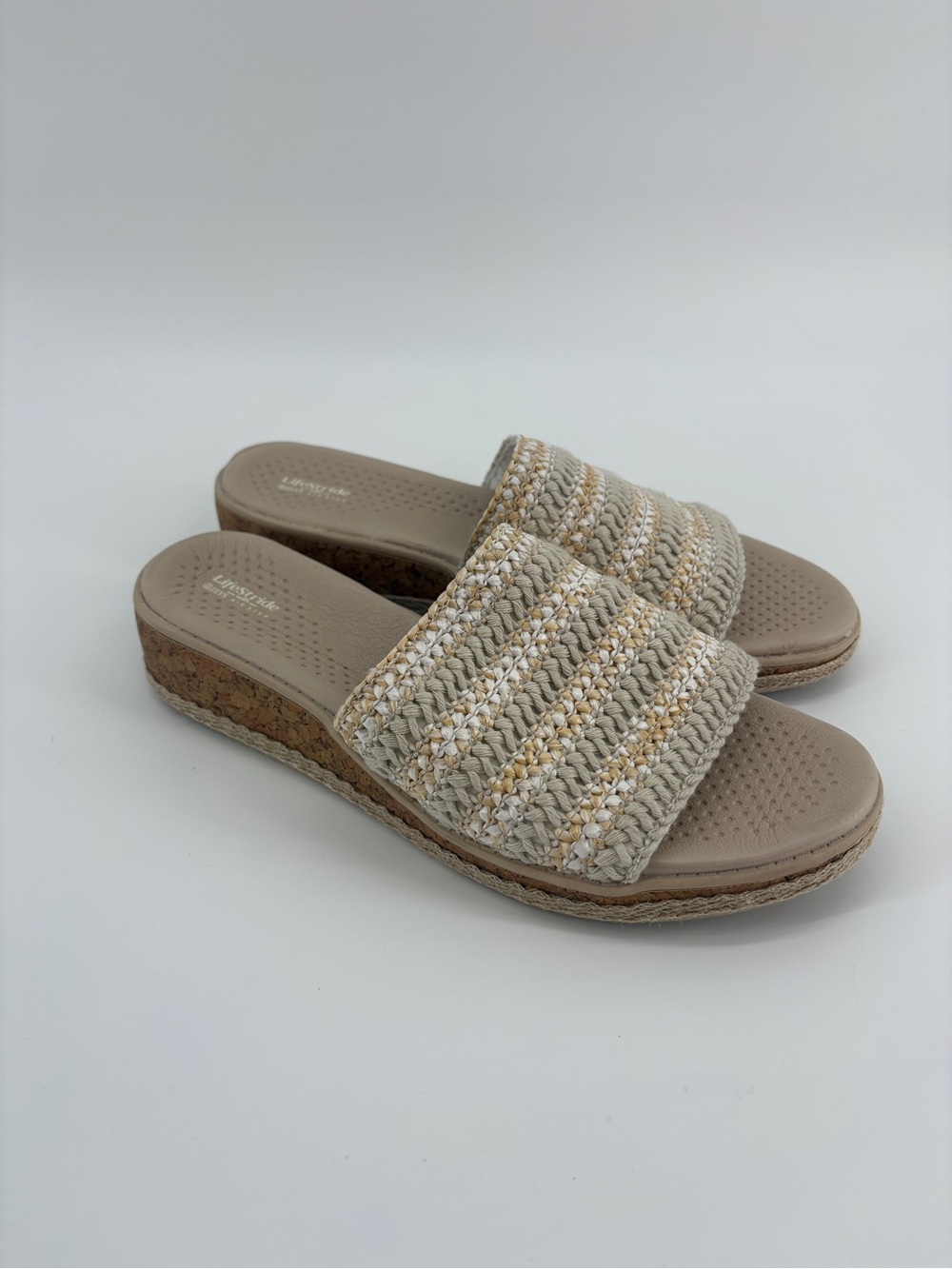 LifeStride BZEES Air Step Wedge Slide Sandals Womens US 7.5M Woven Comfort Cork